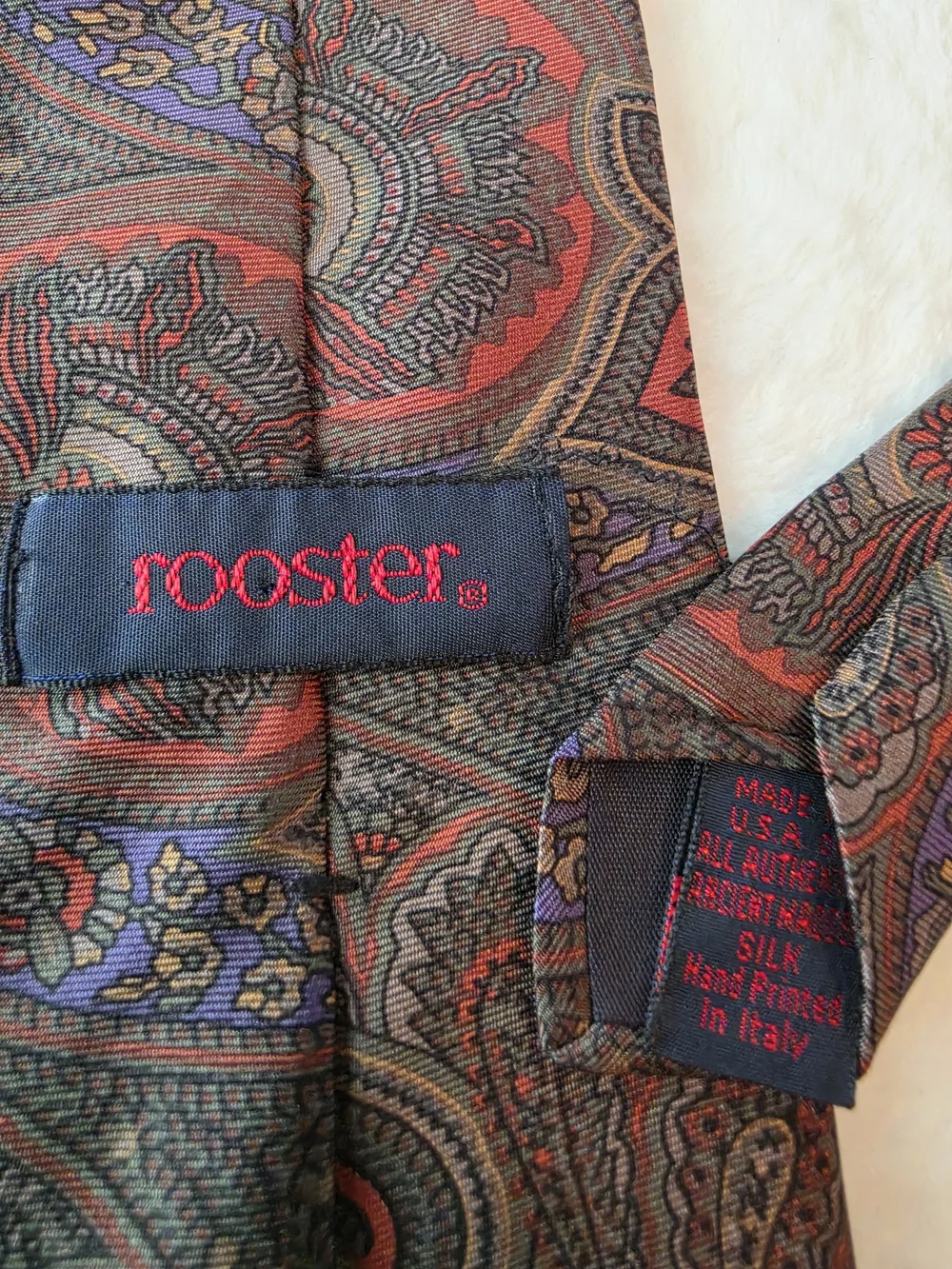 Vintage Rooster Brand Silk Necktie Red Brown Green Blue Paisley Made in USA Tie